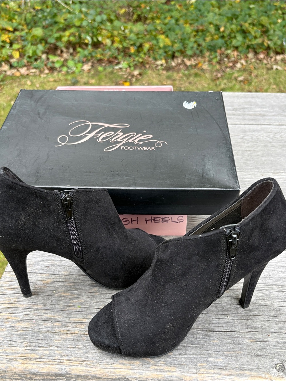 Fergie Tragic Black Suede Peep-Toe Ankle Booties with Side Zip